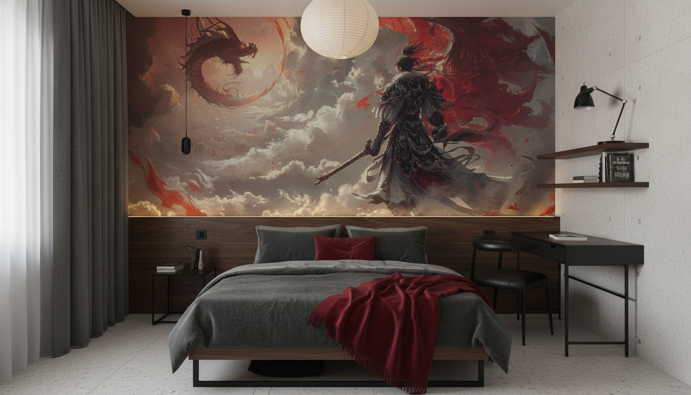 Papier Peint Dragon Épique Guerrier Samouraï Nuages Rouges Fantaisie - Chambre ado