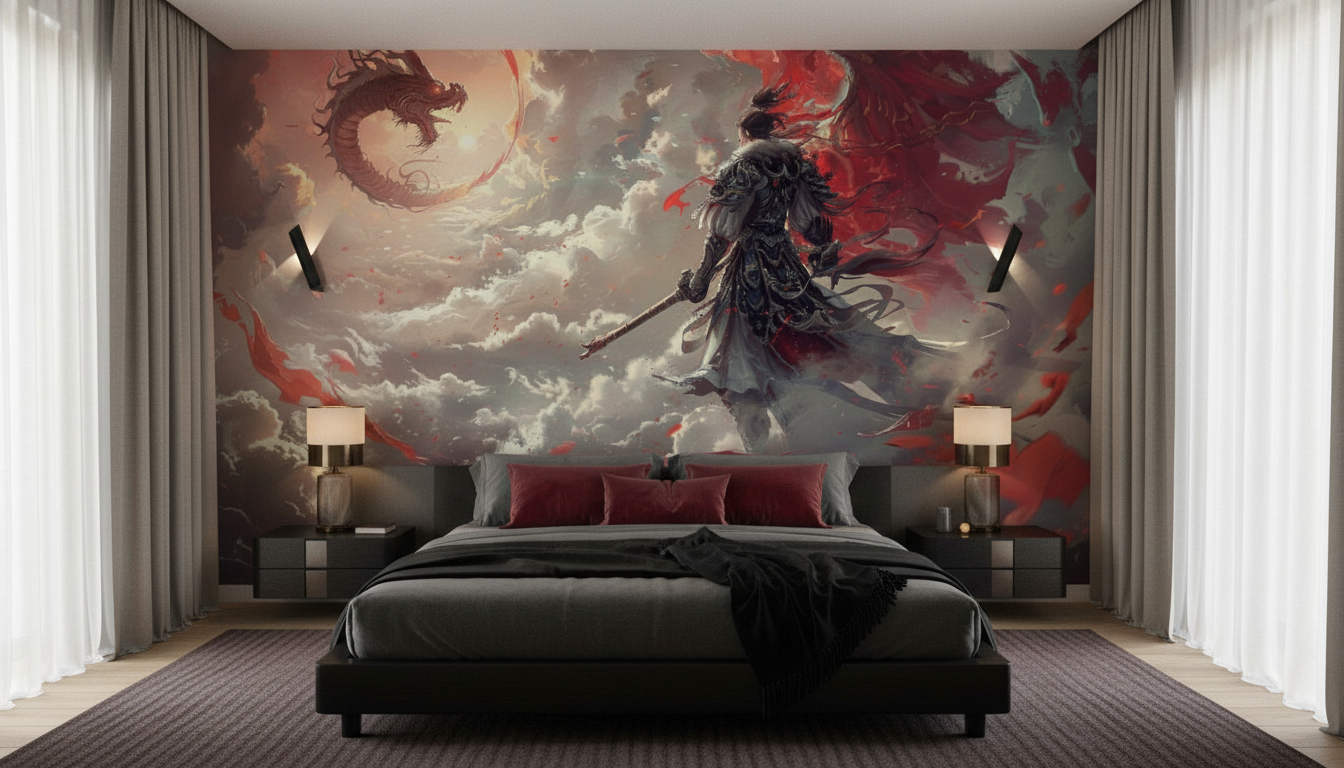 Papier Peint Dragon Épique Guerrier Samouraï Nuages Rouges Fantaisie - Chambre adulte