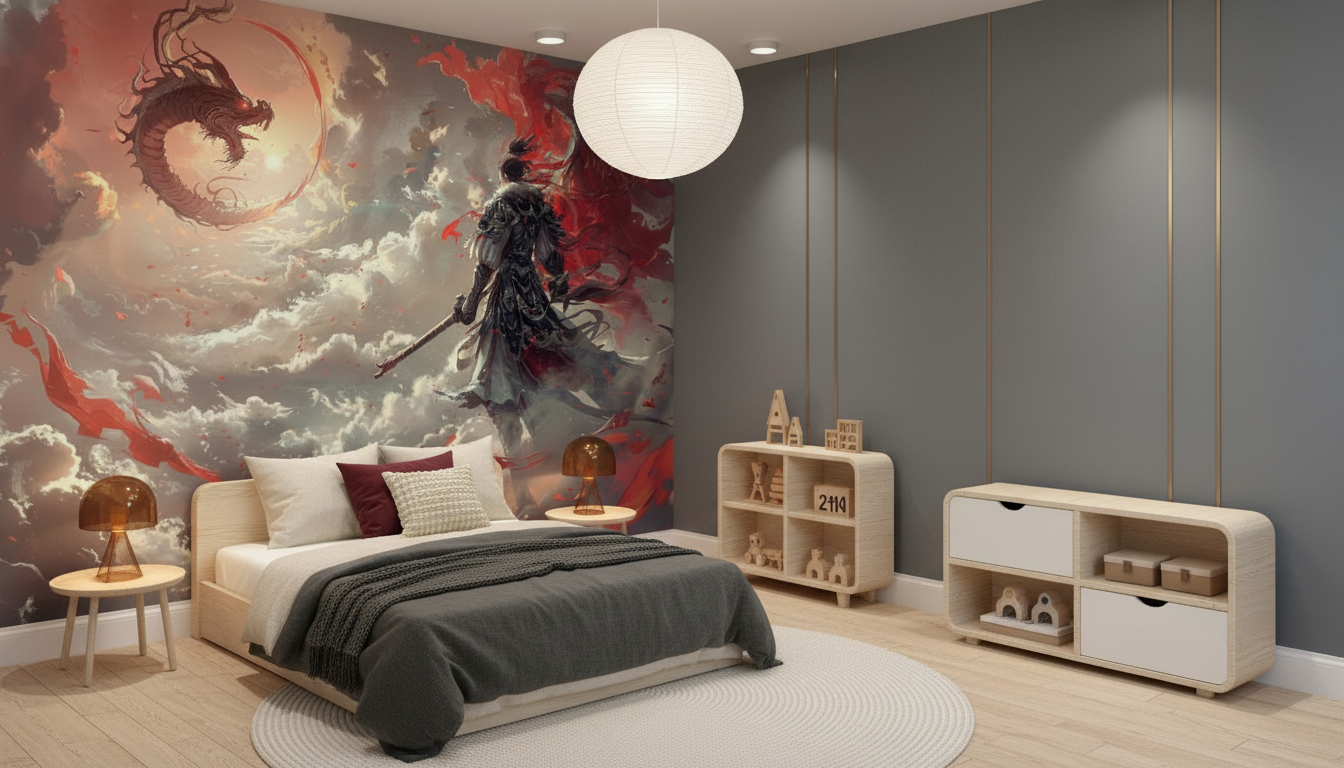 Papier Peint Dragon Épique Guerrier Samouraï Nuages Rouges Fantaisie - Chambre enfant