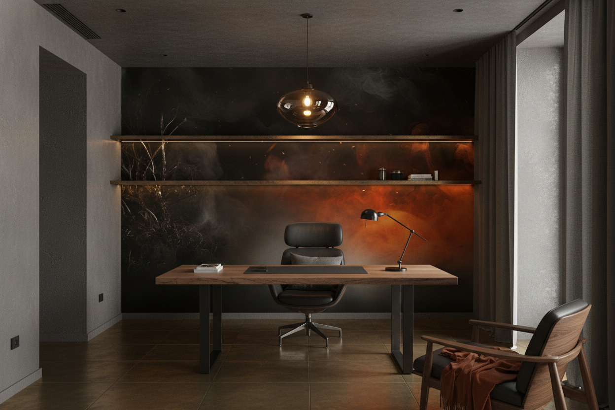 Papier peint dramatique fumée orange et noire mystérieuse - Bureau