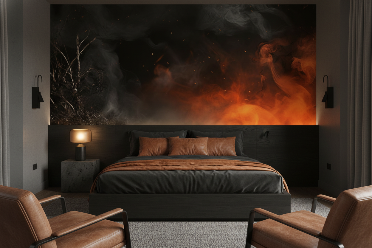 Papier peint dramatique fumée orange et noire mystérieuse - Chambre adulte