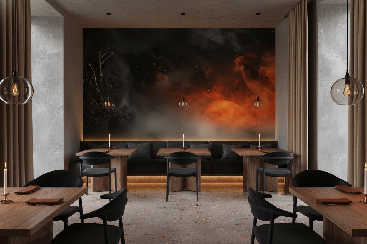 Papier peint dramatique fumée orange et noire mystérieuse - Restaurant
