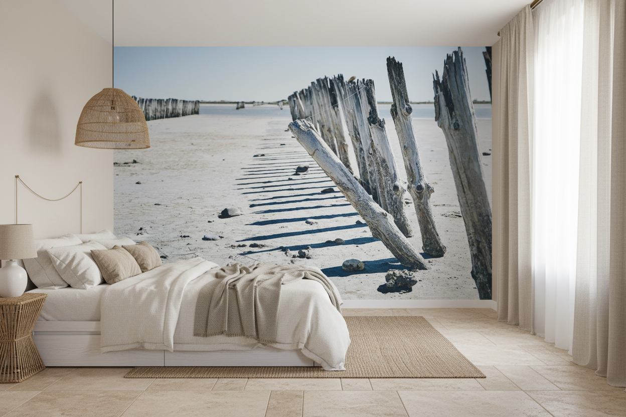 Papier Peint Épaves Bois Flotté Plage Sable Blanc Maritime - Chambre adulte