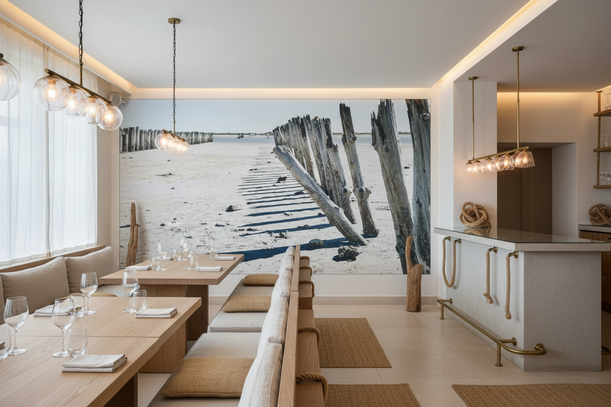 Papier Peint Épaves Bois Flotté Plage Sable Blanc Maritime - Restaurant