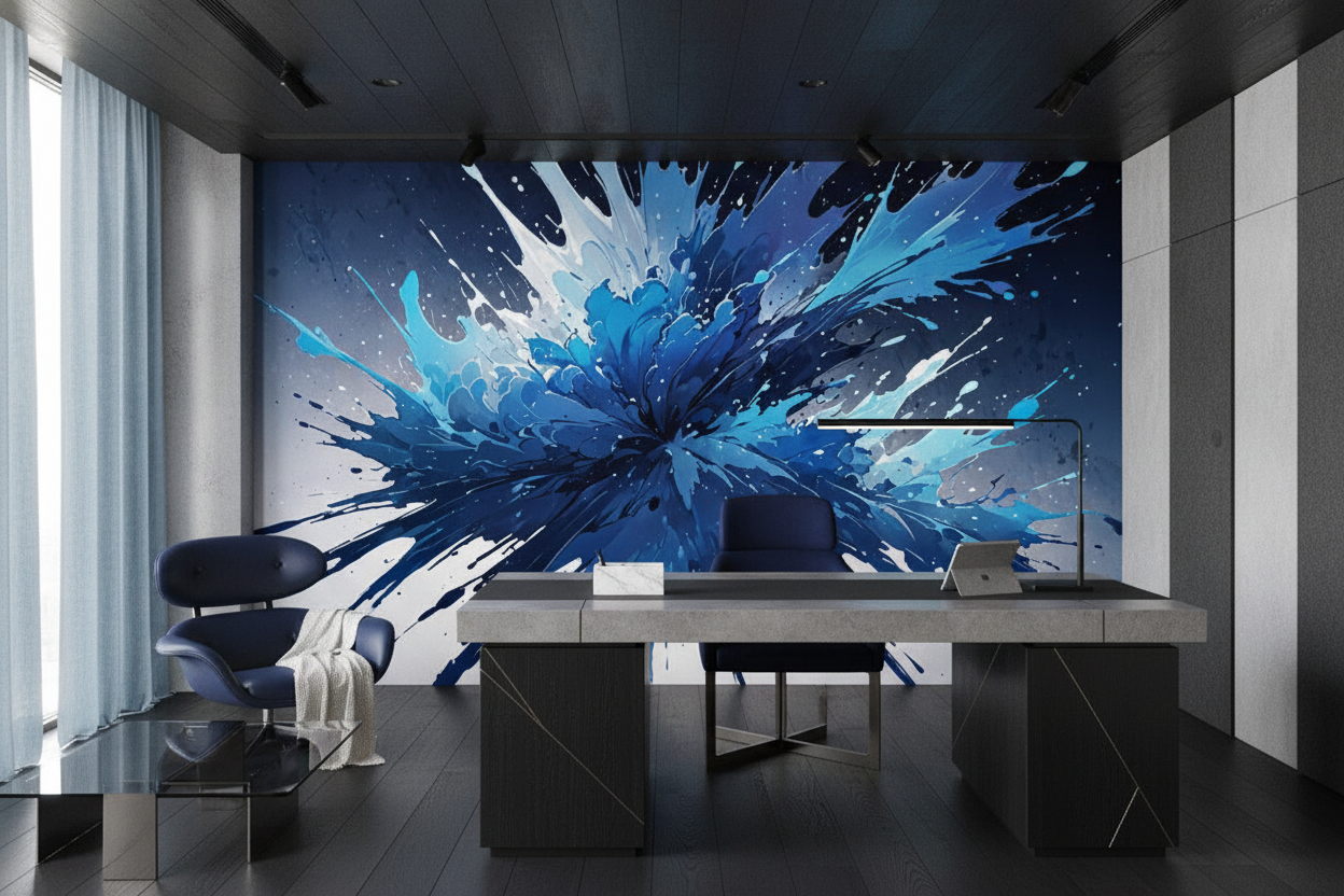 Papier Peint Explosion Abstraite Bleu Éclat de Peinture Moderne — Bureau