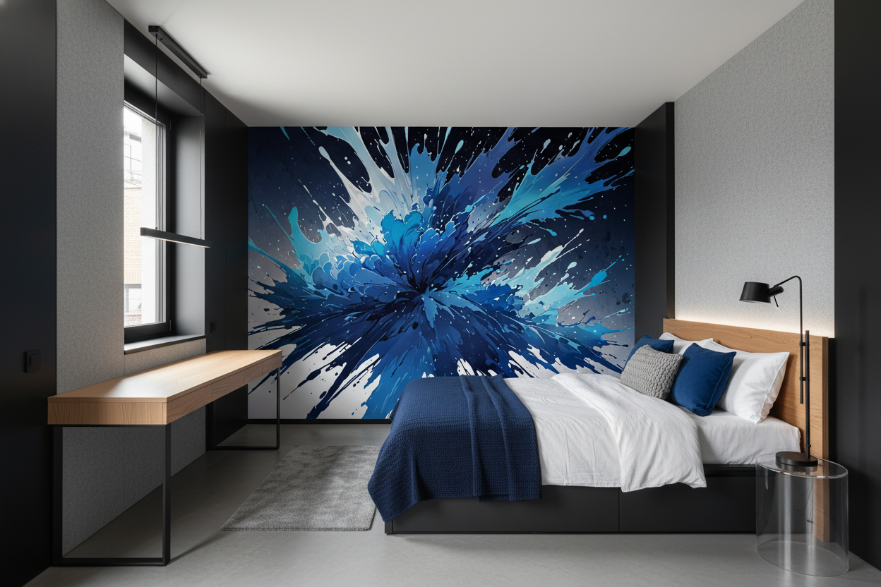 Papier Peint Explosion Abstraite Bleu Éclat de Peinture Moderne - Chambre ado