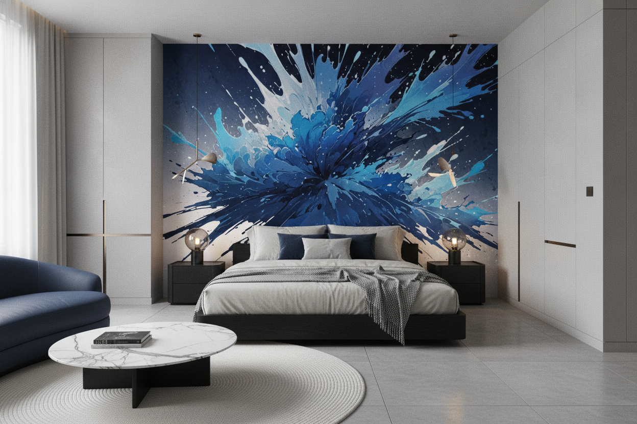Papier Peint Explosion Abstraite Bleu Éclat de Peinture Moderne - Chambre adulte