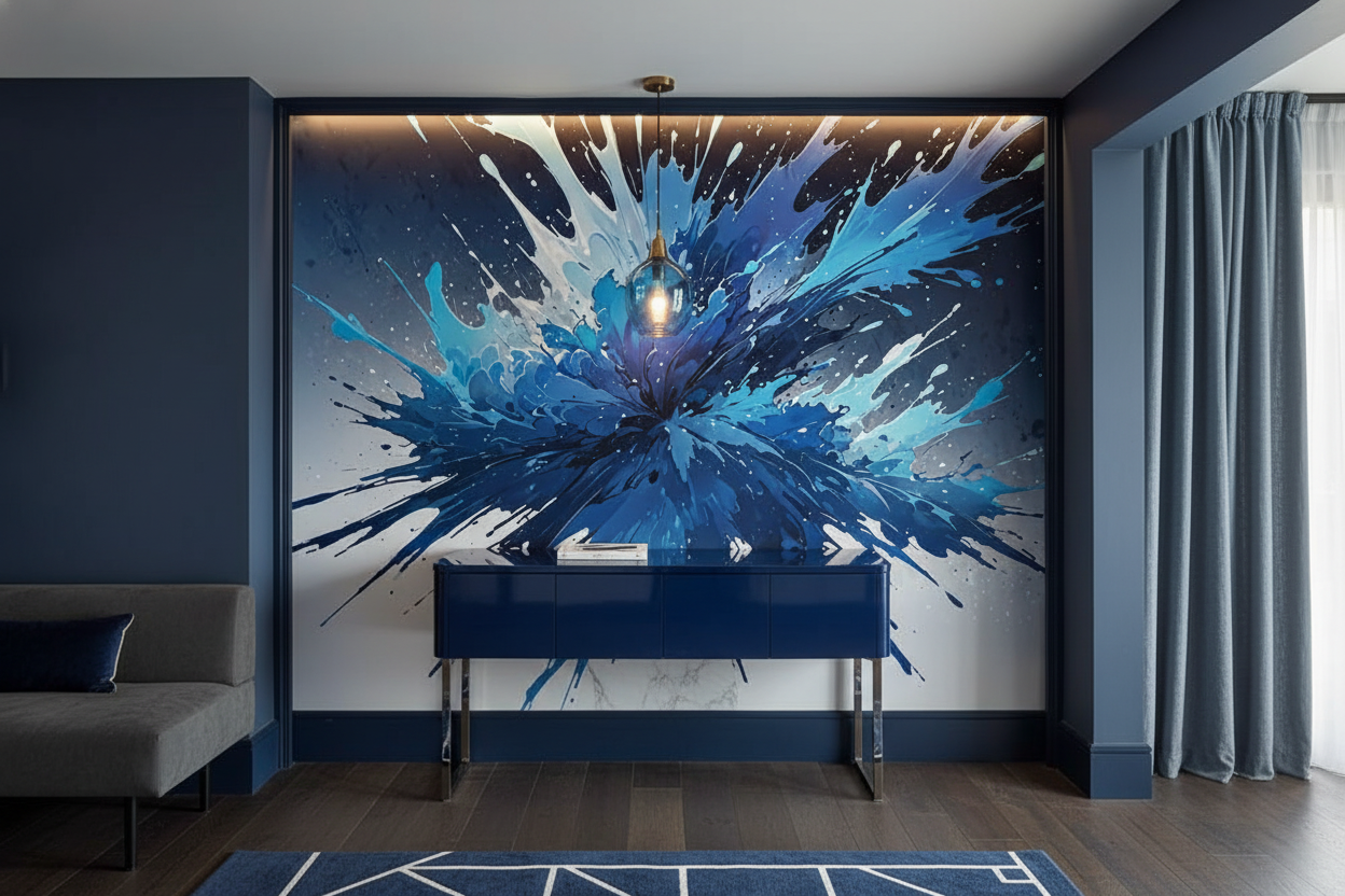Papier Peint Explosion Abstraite Bleu Éclat de Peinture Moderne — Entrée