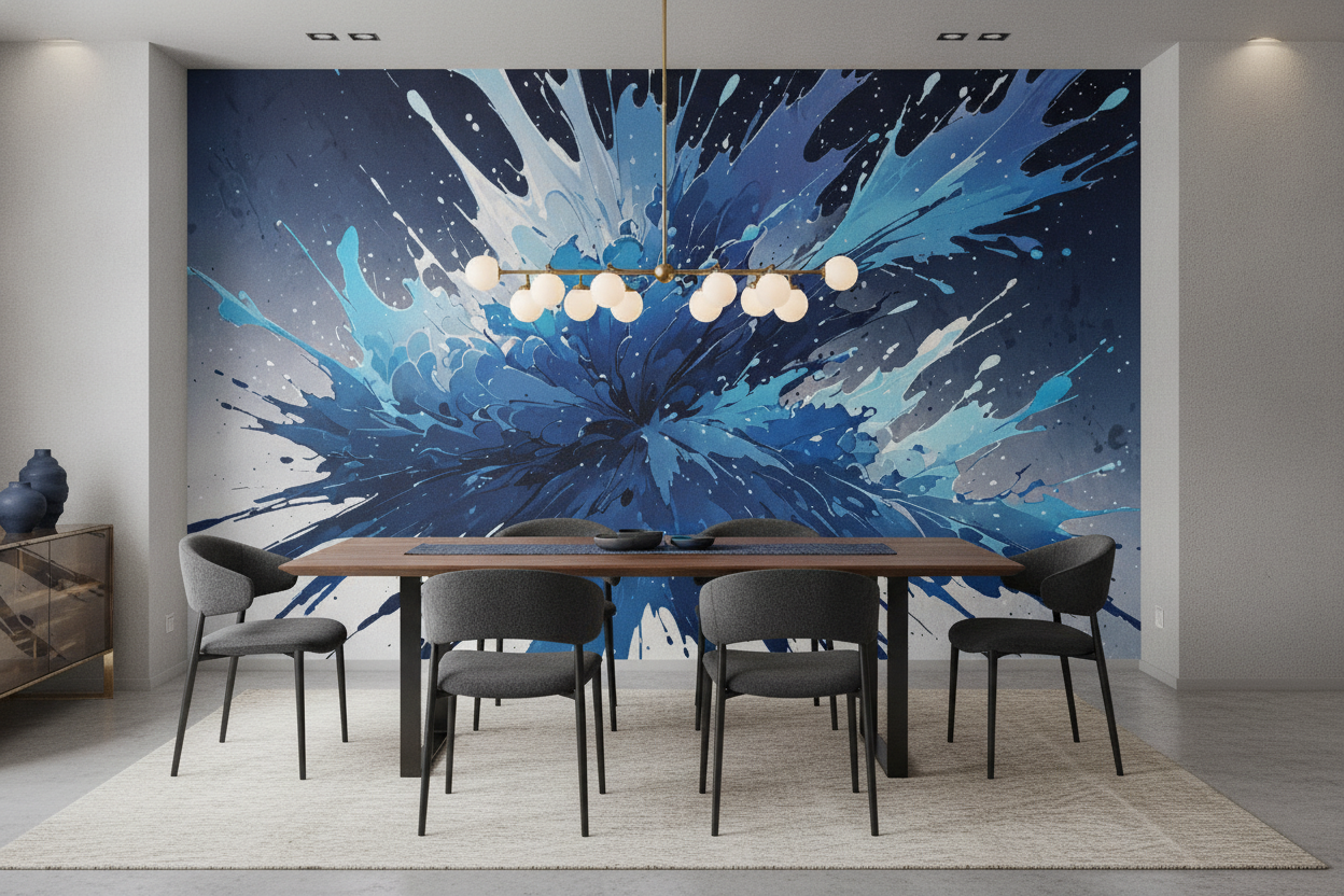 Papier Peint Explosion Abstraite Bleu Éclat de Peinture Moderne - Salle à manger