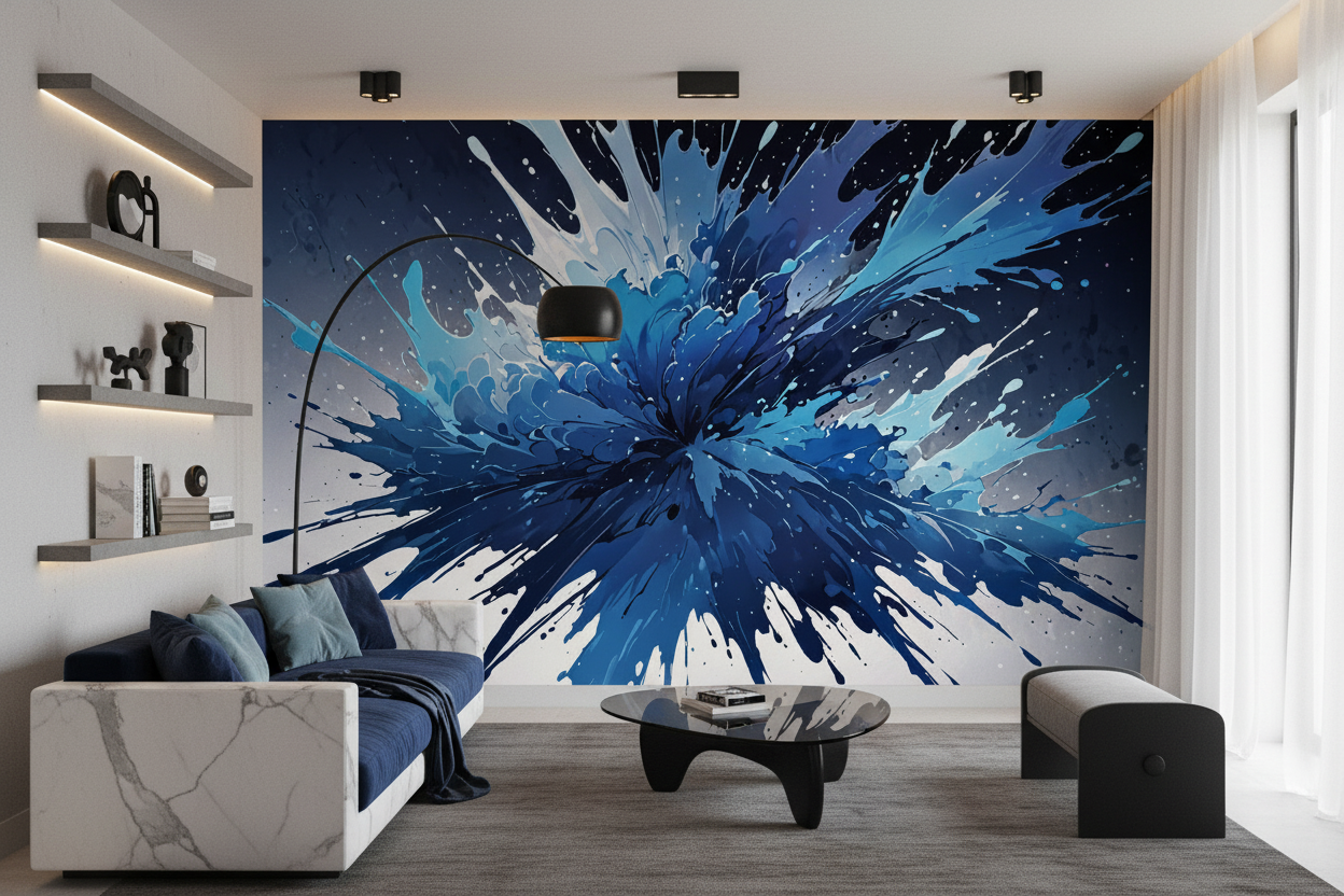 Papier Peint Explosion Abstraite Bleu Éclat de Peinture Moderne - Salon / Séjour