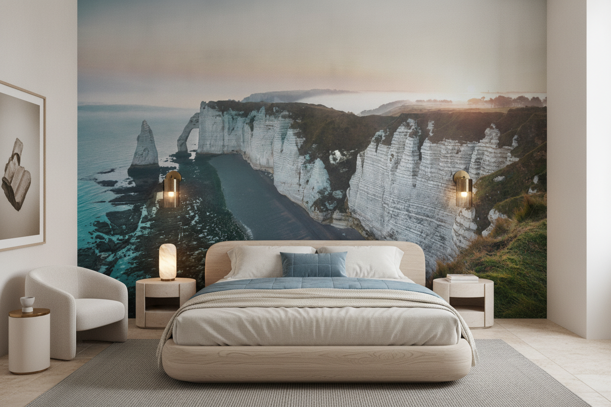 Papier Peint Falaises Blanches Océan Turquoise Coucher de Soleil - Chambre adulte