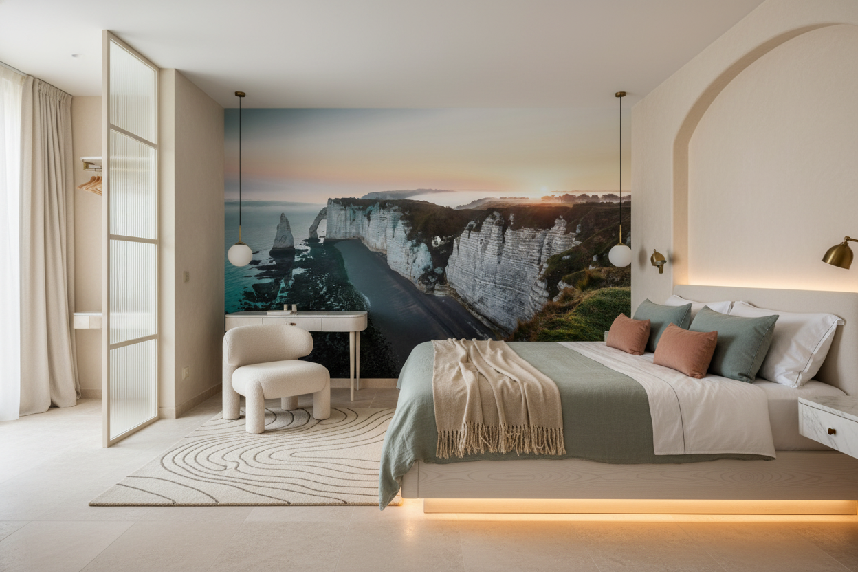 Papier Peint Falaises Blanches Océan Turquoise Coucher de Soleil - Hôtel