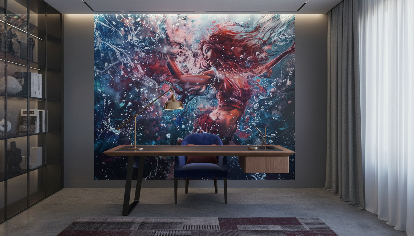 Papier Peint Fantastique Femme Guerrière Univers Cosmique Rouge Bleu - Bureau
