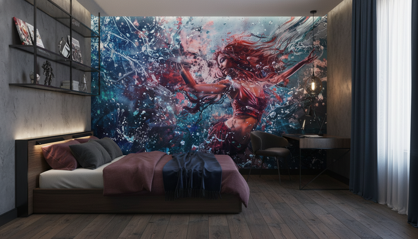 Papier Peint Fantastique Femme Guerrière Univers Cosmique Rouge Bleu - Chambre ado