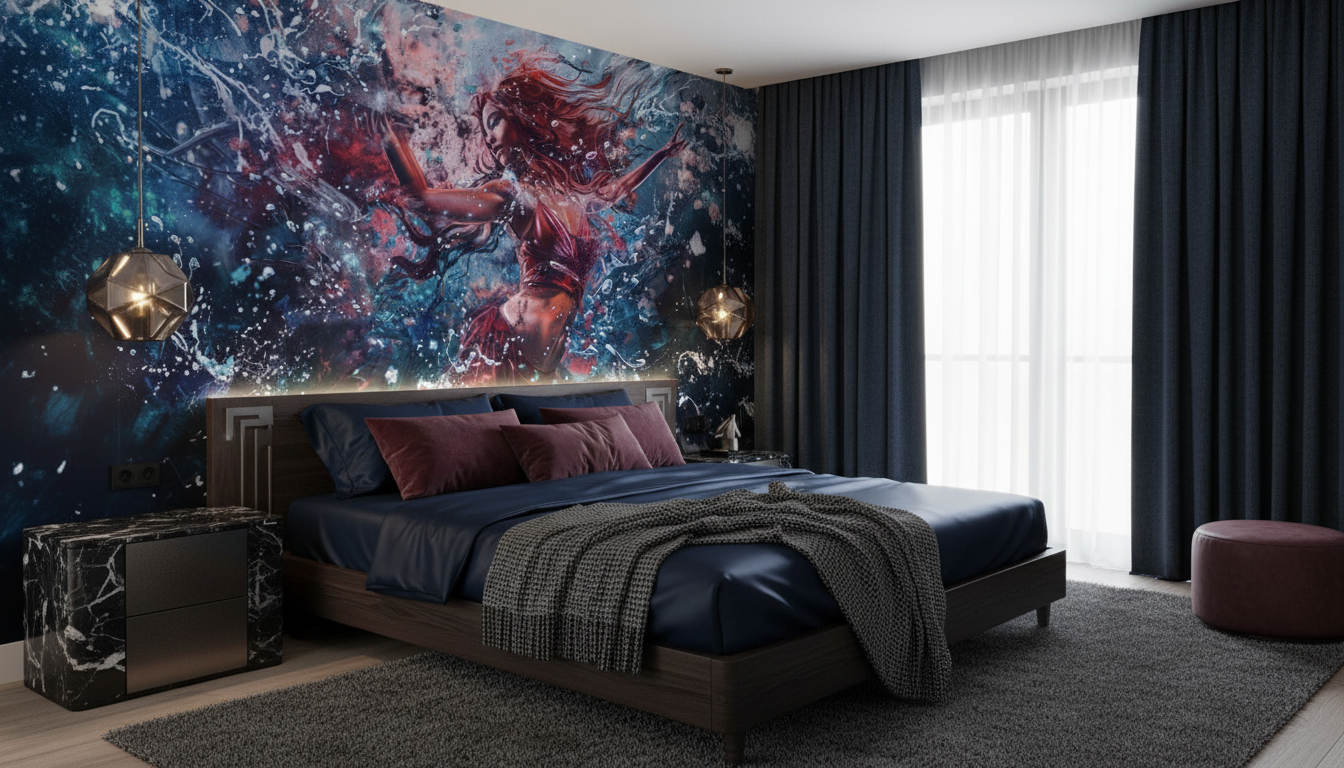Papier Peint Fantastique Femme Guerrière Univers Cosmique Rouge Bleu - Chambre adulte