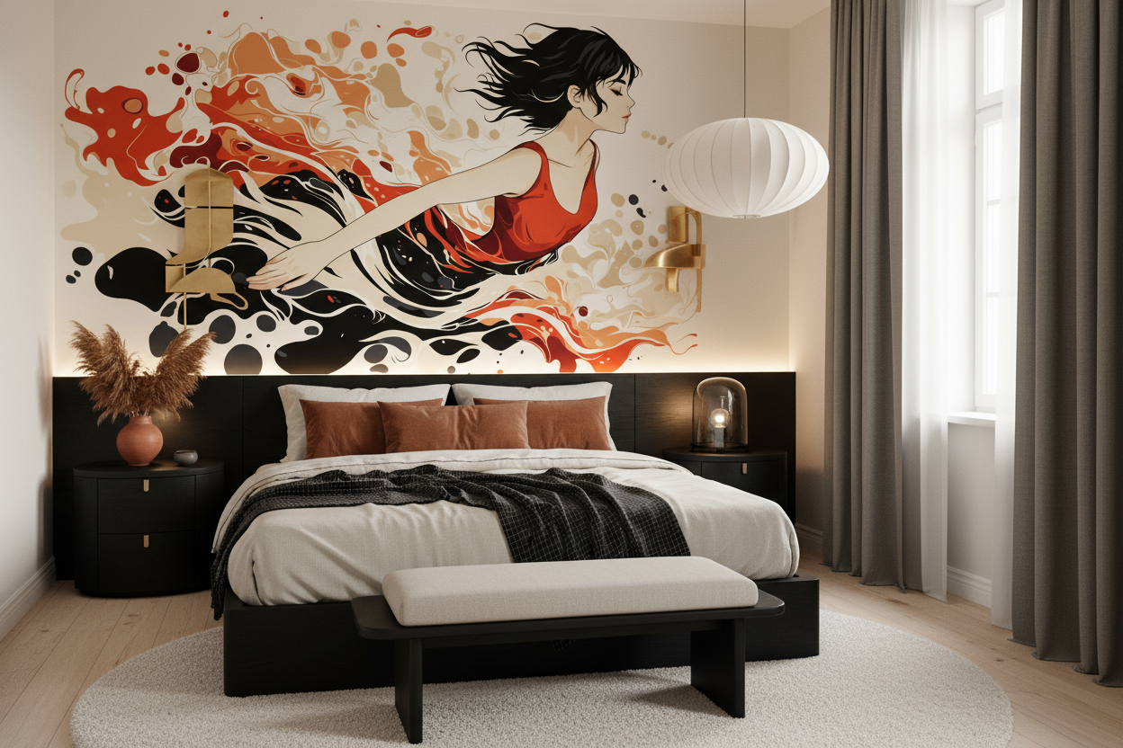 Papier Peint Femme Élégante aux Éclaboussures Artistiques Rouge et Noir - Chambre adulte