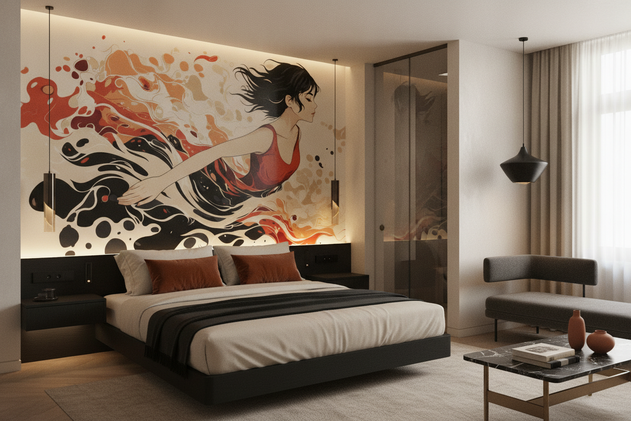 Papier Peint Femme Élégante aux Éclaboussures Artistiques Rouge et Noir — Hôtel