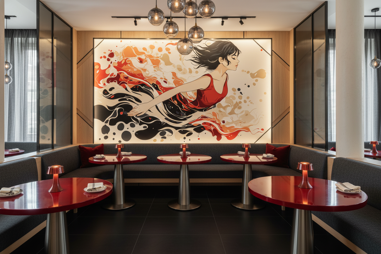 Papier Peint Femme Élégante aux Éclaboussures Artistiques Rouge et Noir - Restaurant