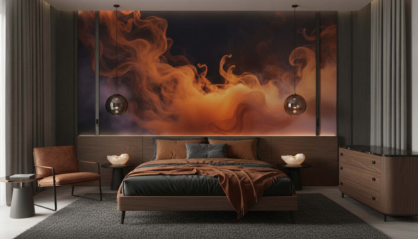Papier peint flammes abstraites orange sur fond sombre dramatique - Chambre adulte