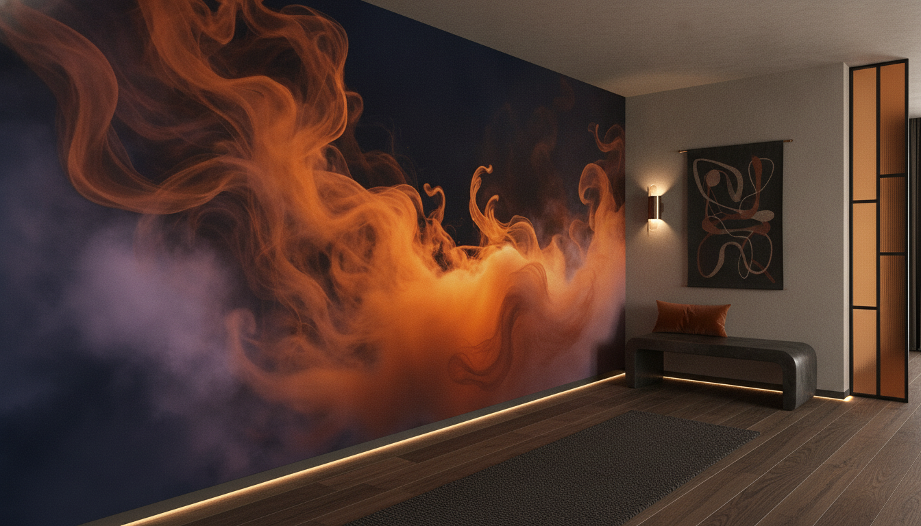 Papier peint flammes abstraites orange sur fond sombre dramatique - Couloir
