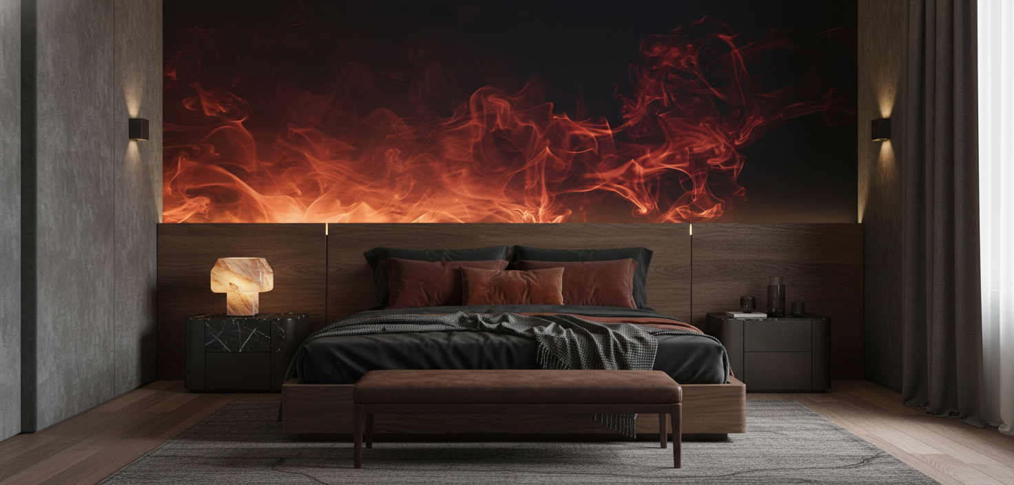Papier Peint Flammes Rouges Orangées Effet Fumée Dramatique - Chambre adulte