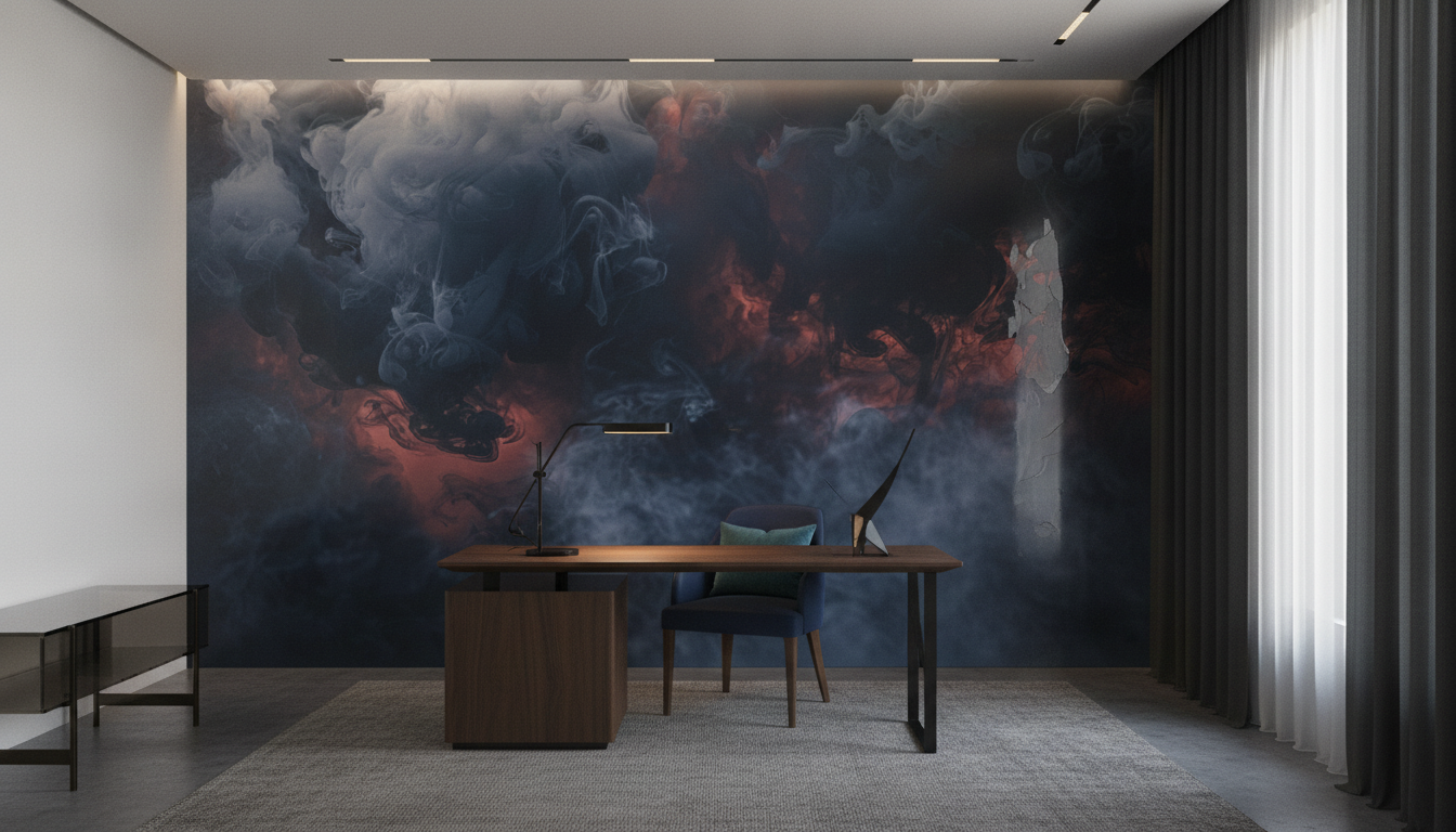 Papier Peint Fumée Abstraite Bleu Rouge Dramatique Moderne - Bureau