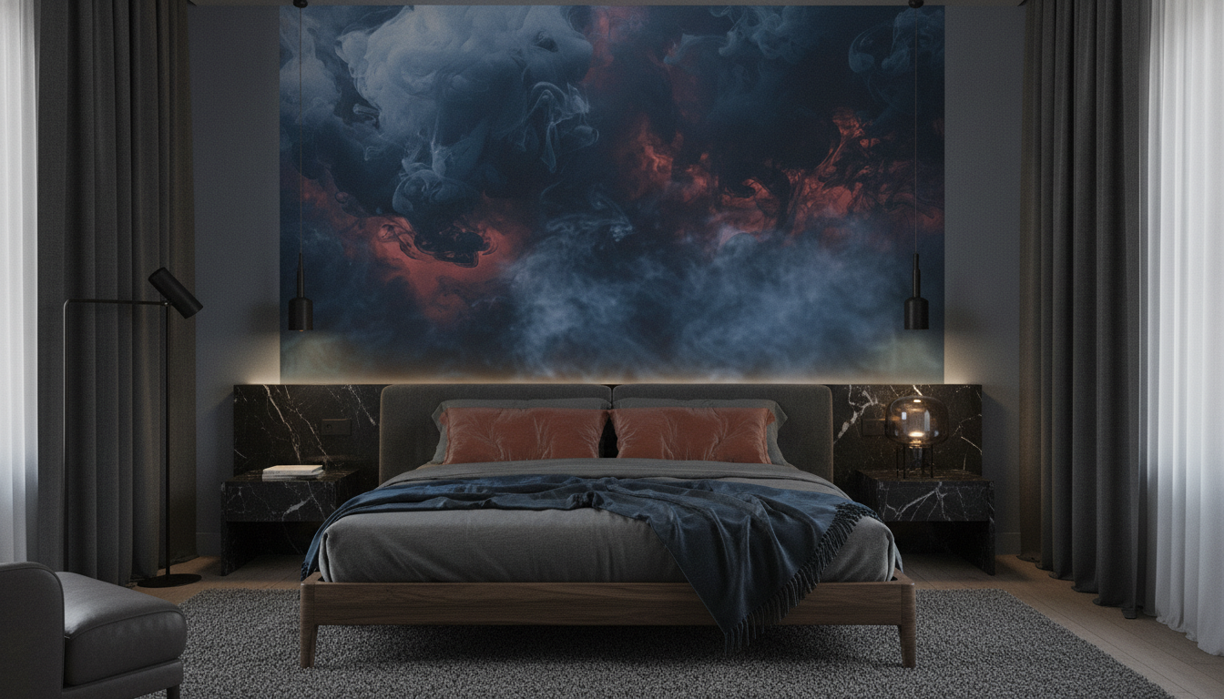 Papier Peint Fumée Abstraite Bleu Rouge Dramatique Moderne - Chambre adulte