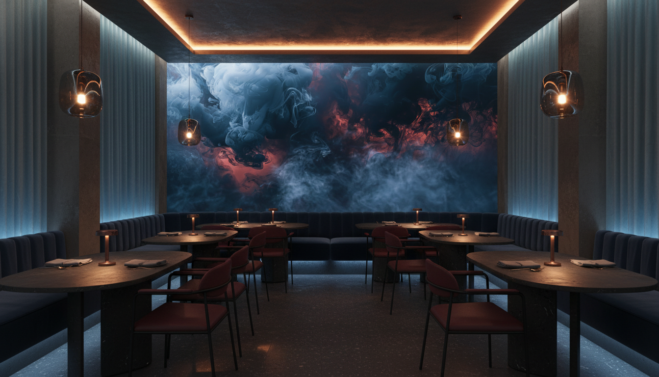 Papier Peint Fumée Abstraite Bleu Rouge Dramatique Moderne - Restaurant