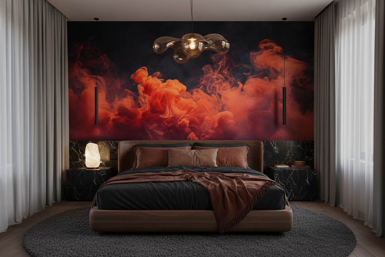 Papier Peint Fumée Orange et Rouge Effet Dramatique - Chambre adulte