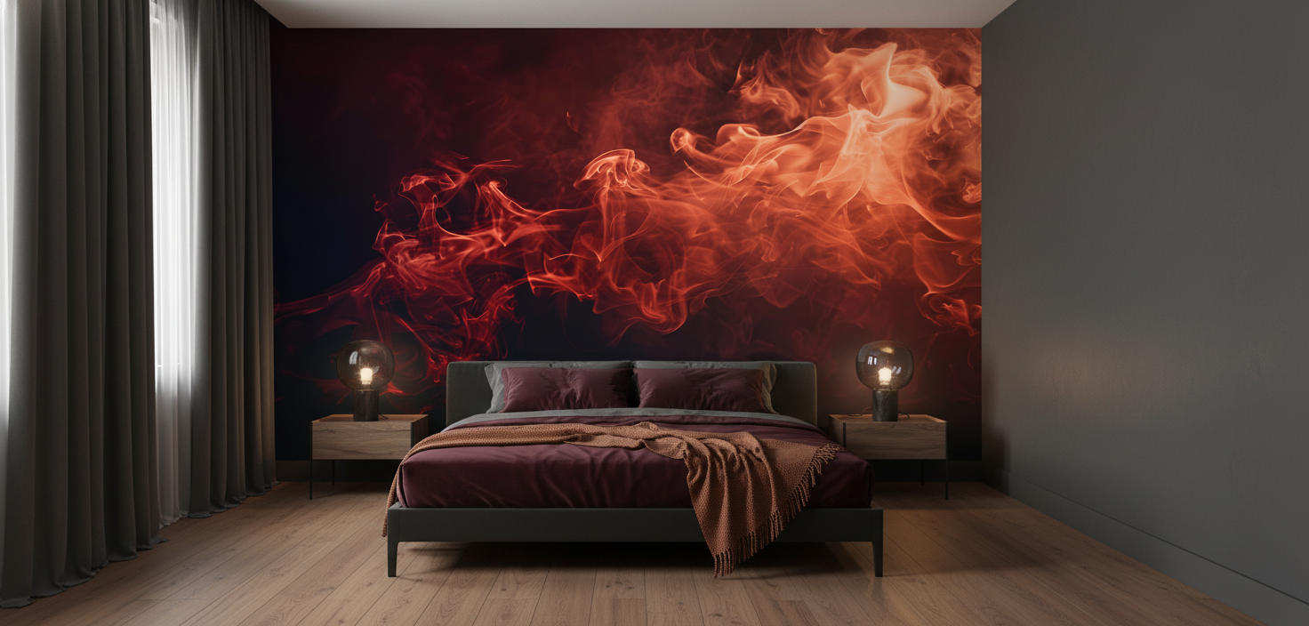 Papier Peint Fumée Rouge Orange Effet Flammes Abstrait - Chambre adulte