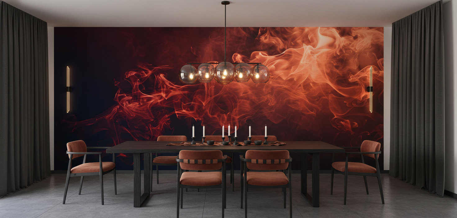 Papier Peint Fumée Rouge Orange Effet Flammes Abstrait - Salle à manger