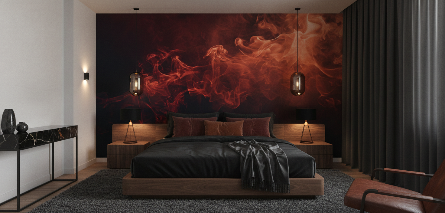 Papier peint fumée rouge orangée abstraite effet dramatique - Chambre adulte