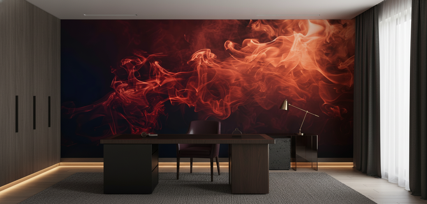 Papier Peint Fumée Rouge Orangée Abstraite Effet Feu - Bureau