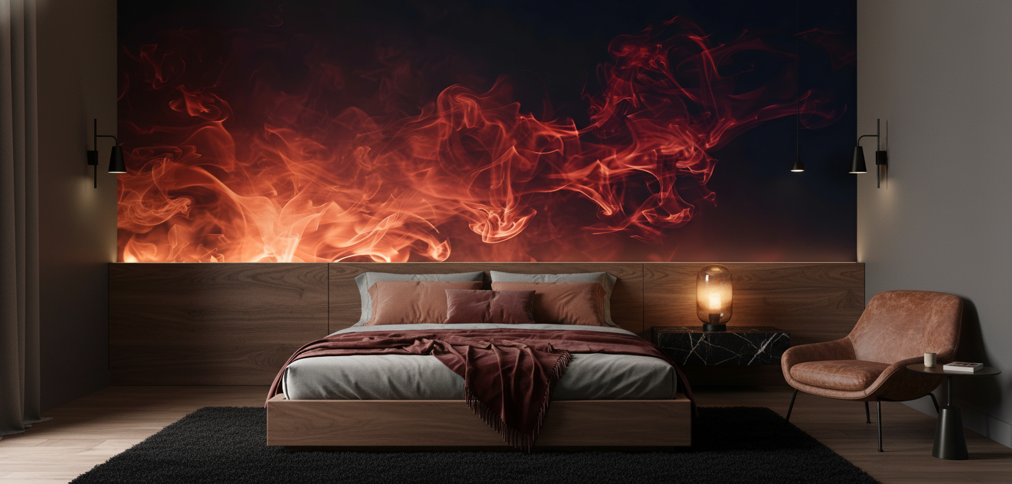 Papier Peint Fumée Rouge Orangée Abstraite Effet Feu - Chambre adulte
