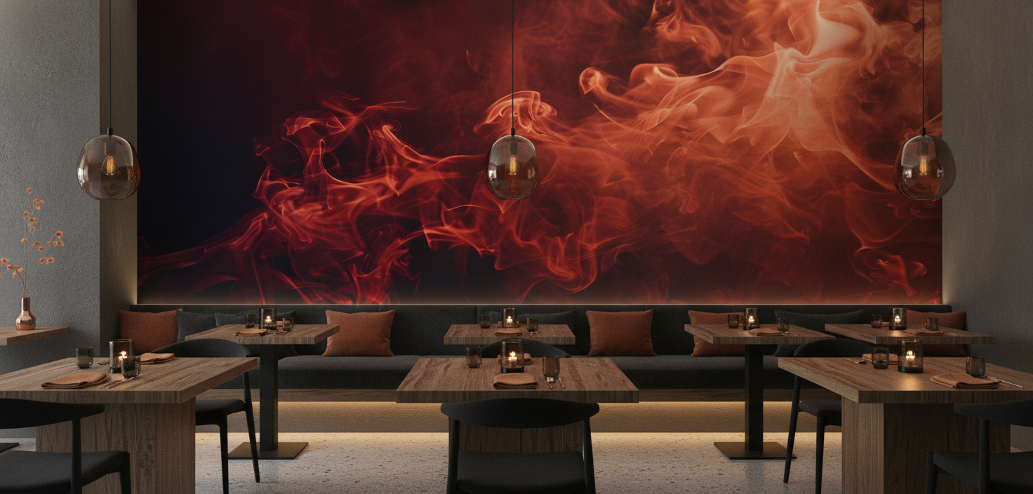 Papier Peint Fumée Rouge Orangée Abstraite Effet Feu - Restaurant