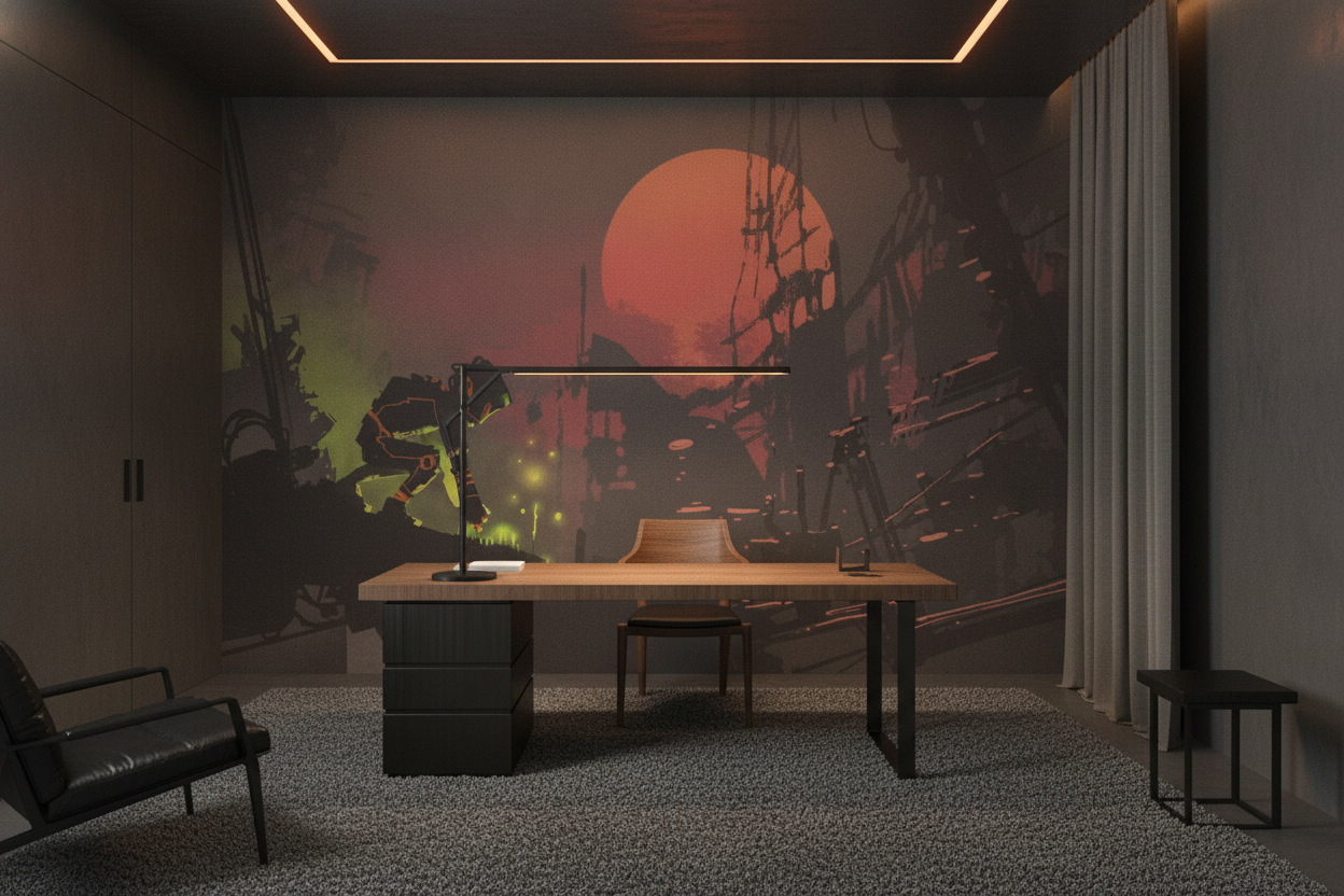 Papier Peint Futuriste Astronaute dans Paysage Apocalyptique Rouge - Bureau