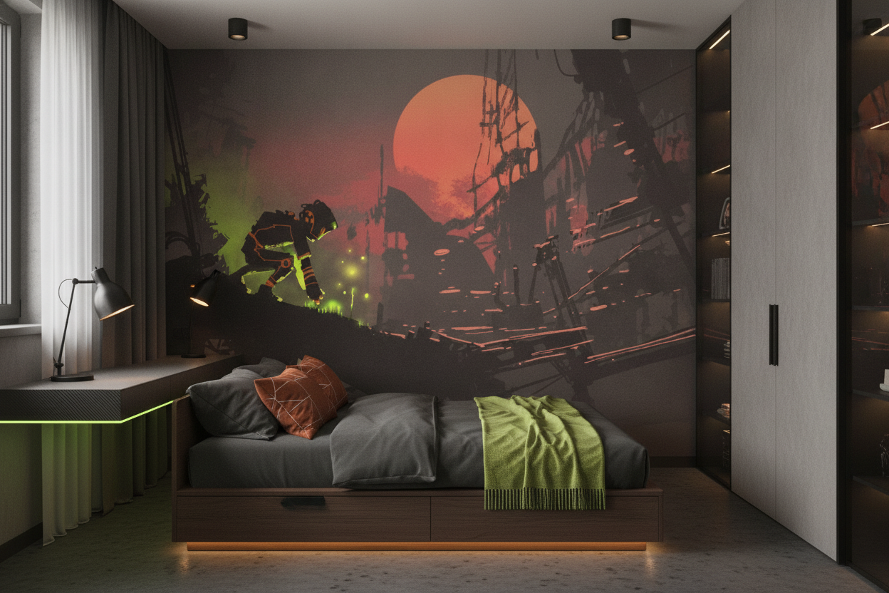 Papier Peint Futuriste Astronaute dans Paysage Apocalyptique Rouge - Chambre ado