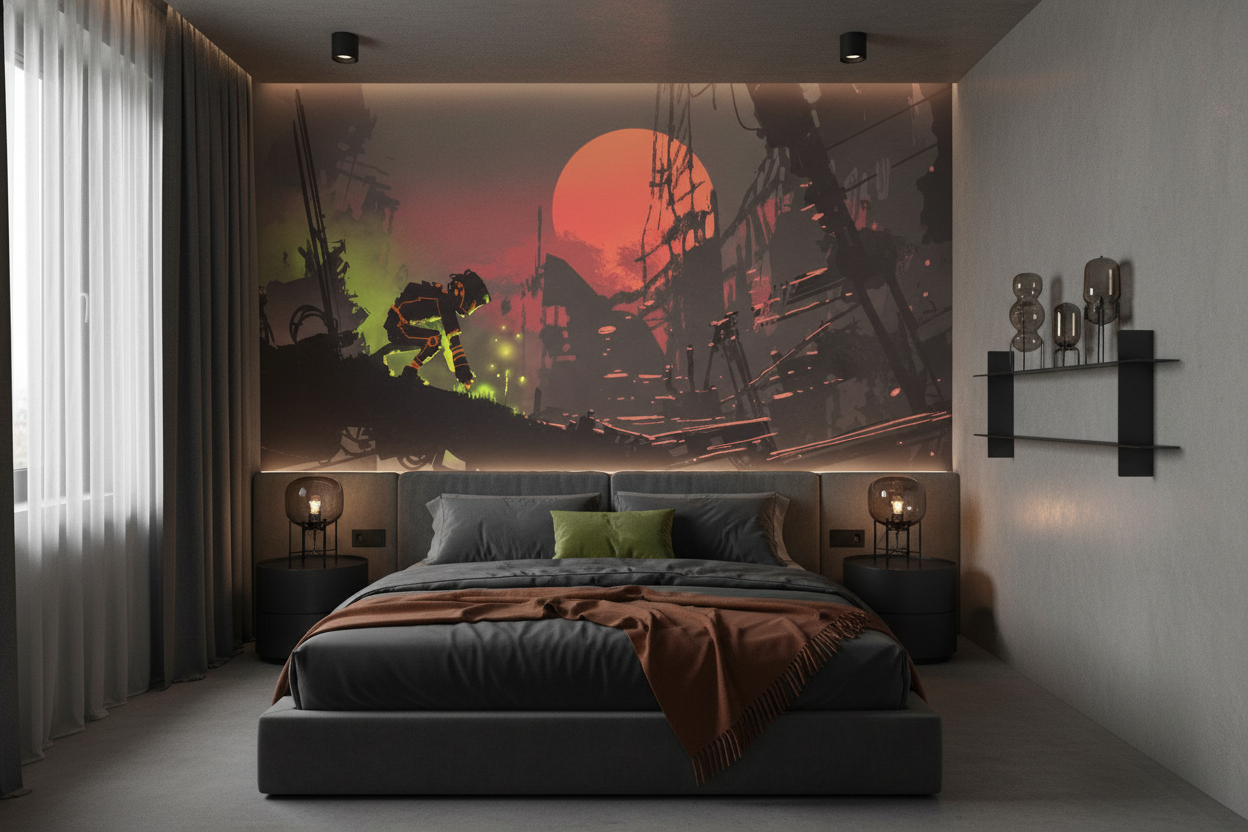 Papier Peint Futuriste Astronaute dans Paysage Apocalyptique Rouge - Chambre adulte