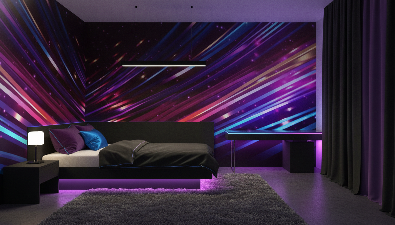 Papier Peint Futuriste aux Rayons Lumineux Multicolores et Étoiles Scintillantes - Chambre ado