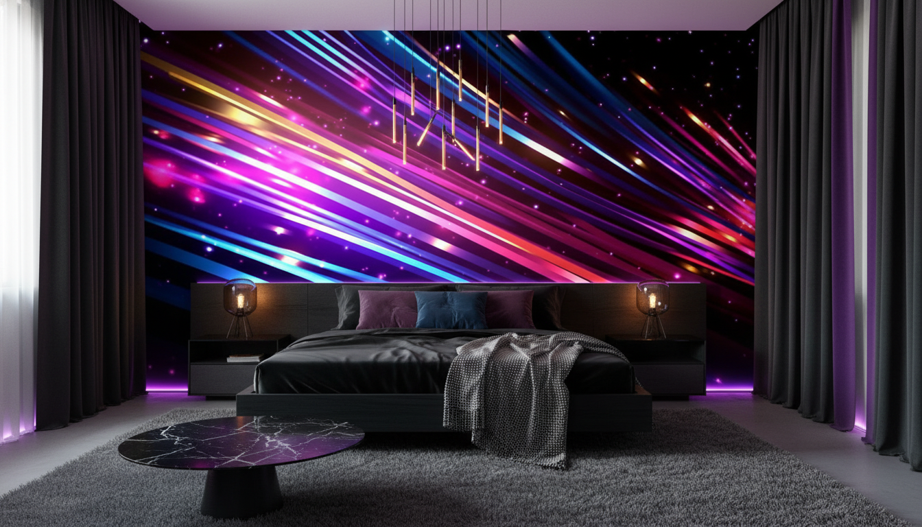 Papier Peint Futuriste aux Rayons Lumineux Multicolores et Étoiles Scintillantes - Chambre adulte