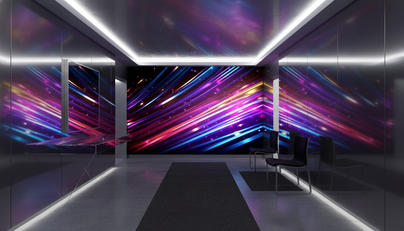 Papier Peint Futuriste aux Rayons Lumineux Multicolores et Étoiles Scintillantes - Couloir
