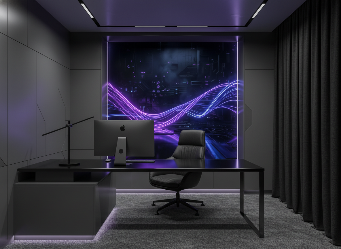 Papier peint futuriste avec flux lumineux violets et bleus néon - Bureau