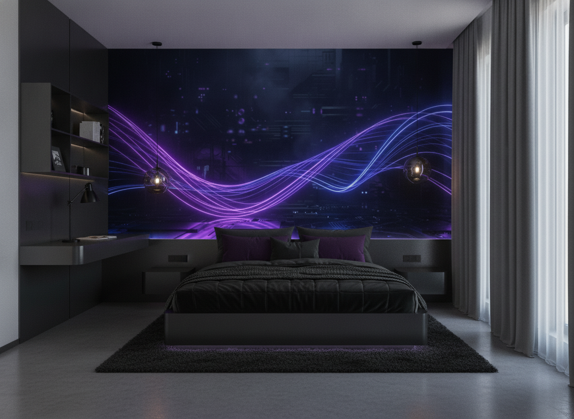Papier peint futuriste avec flux lumineux violets et bleus néon - Chambre ado