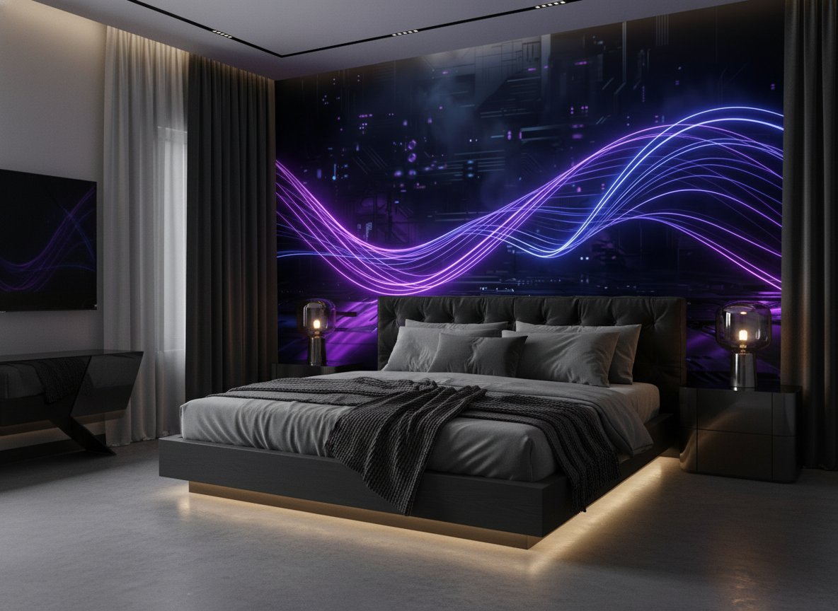 Papier peint futuriste avec flux lumineux violets et bleus néon - Chambre adulte