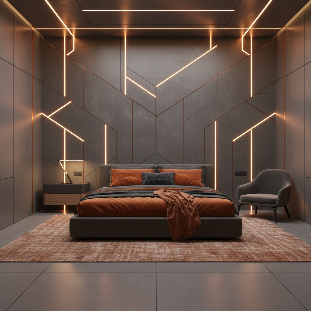 Papier Peint Futuriste Chambre Spatiale Éclairage LED Orange - Chambre adulte