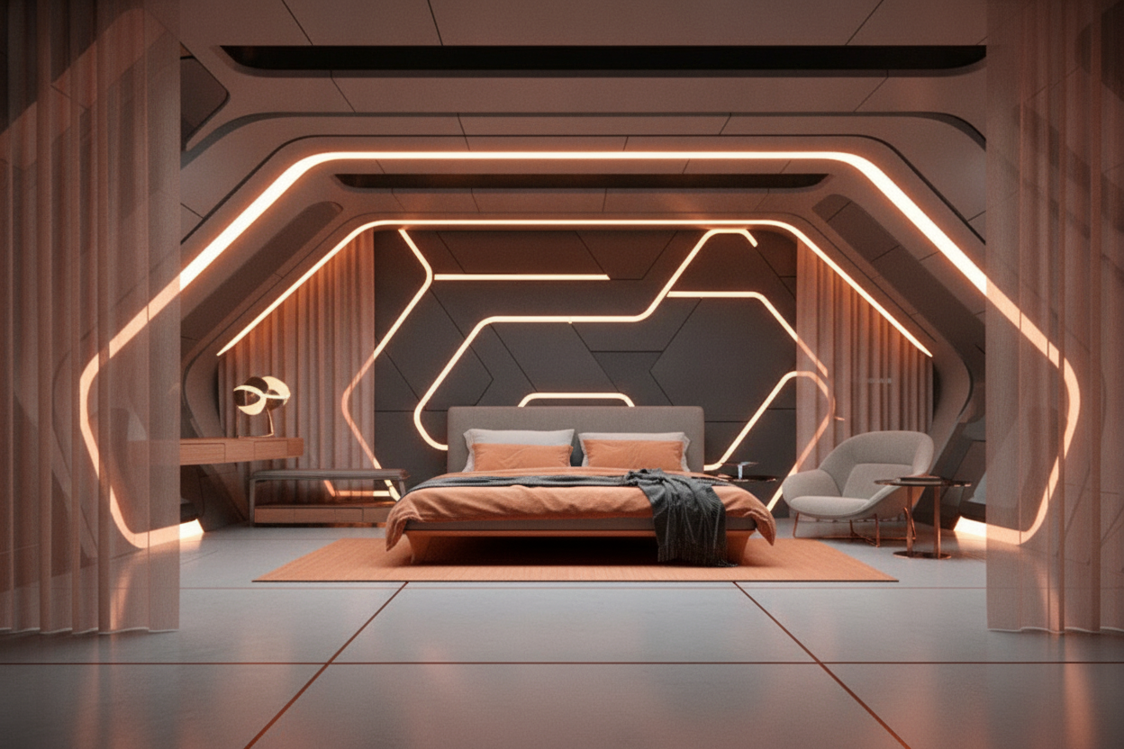 Papier Peint Futuriste Chambre Spatiale Éclairage LED Orange - Hôtel