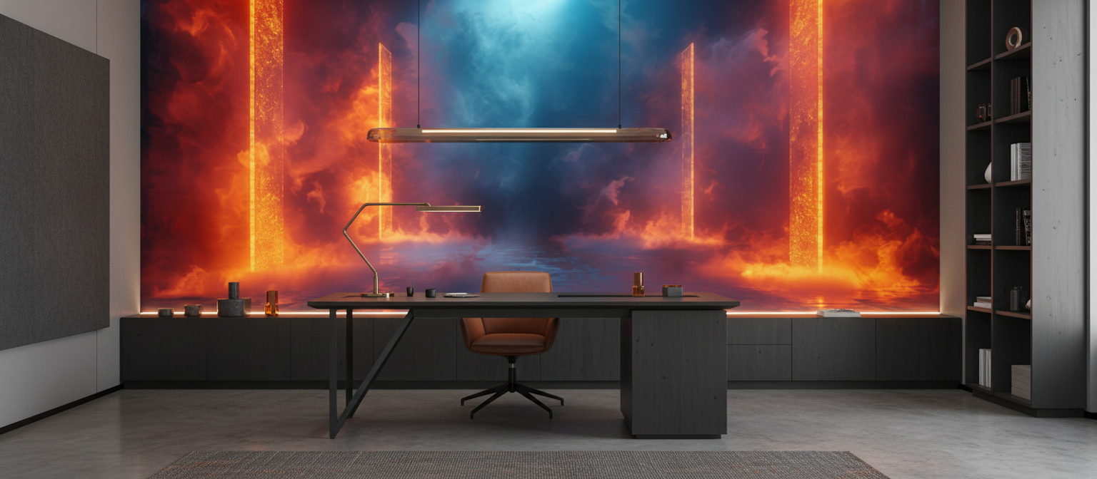 Papier Peint Futuriste Colonnes Lumineuses Orange et Bleu Cosmique - Bureau