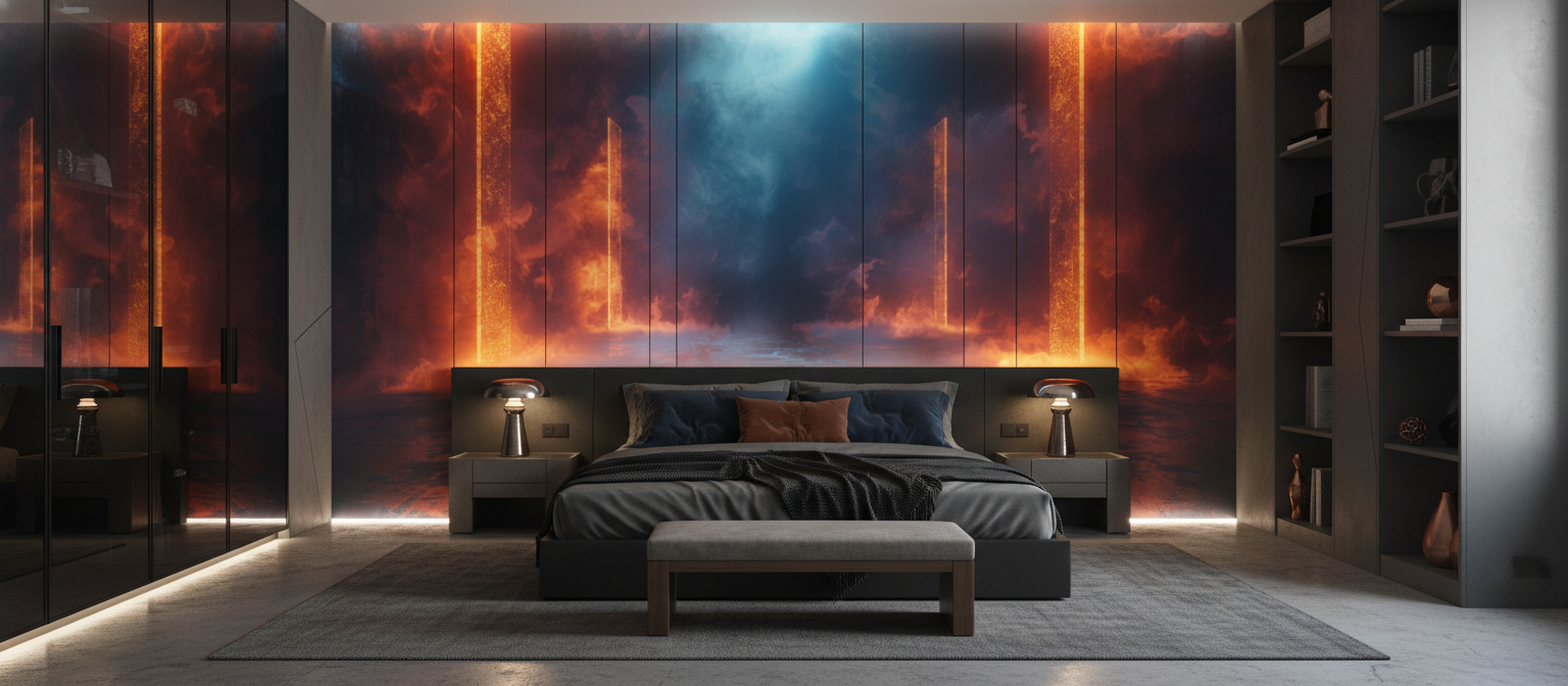 Papier Peint Futuriste Colonnes Lumineuses Orange et Bleu Cosmique - Chambre adulte