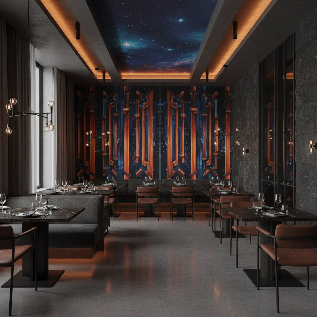 Papier Peint Futuriste Colonnes Lumineuses Orange et Bleu Cosmique - Restaurant