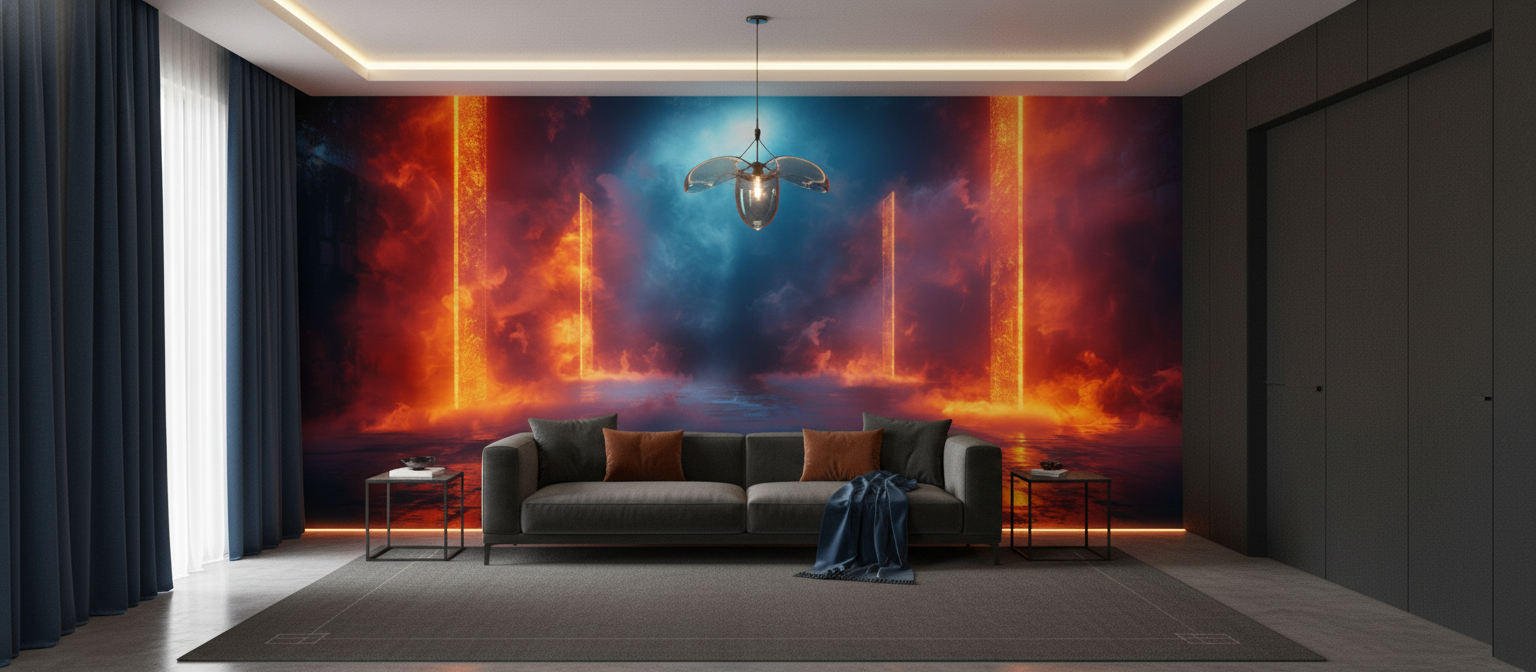 Papier Peint Futuriste Colonnes Lumineuses Orange et Bleu Cosmique - Salon / Séjour